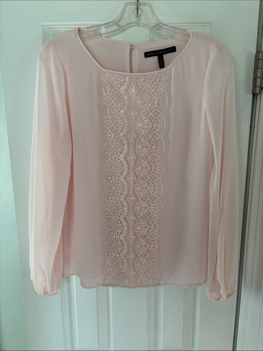 White House Black Market Blush Lace-Front Long Sleeve Blouse